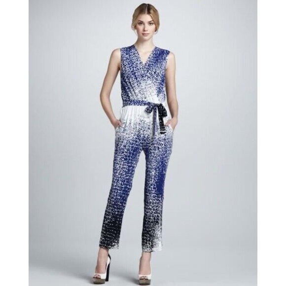 Diane Von Furstenberg Kawena Silk Jumpsuit in Shaded Curtain Navy - Picture 2 of 9